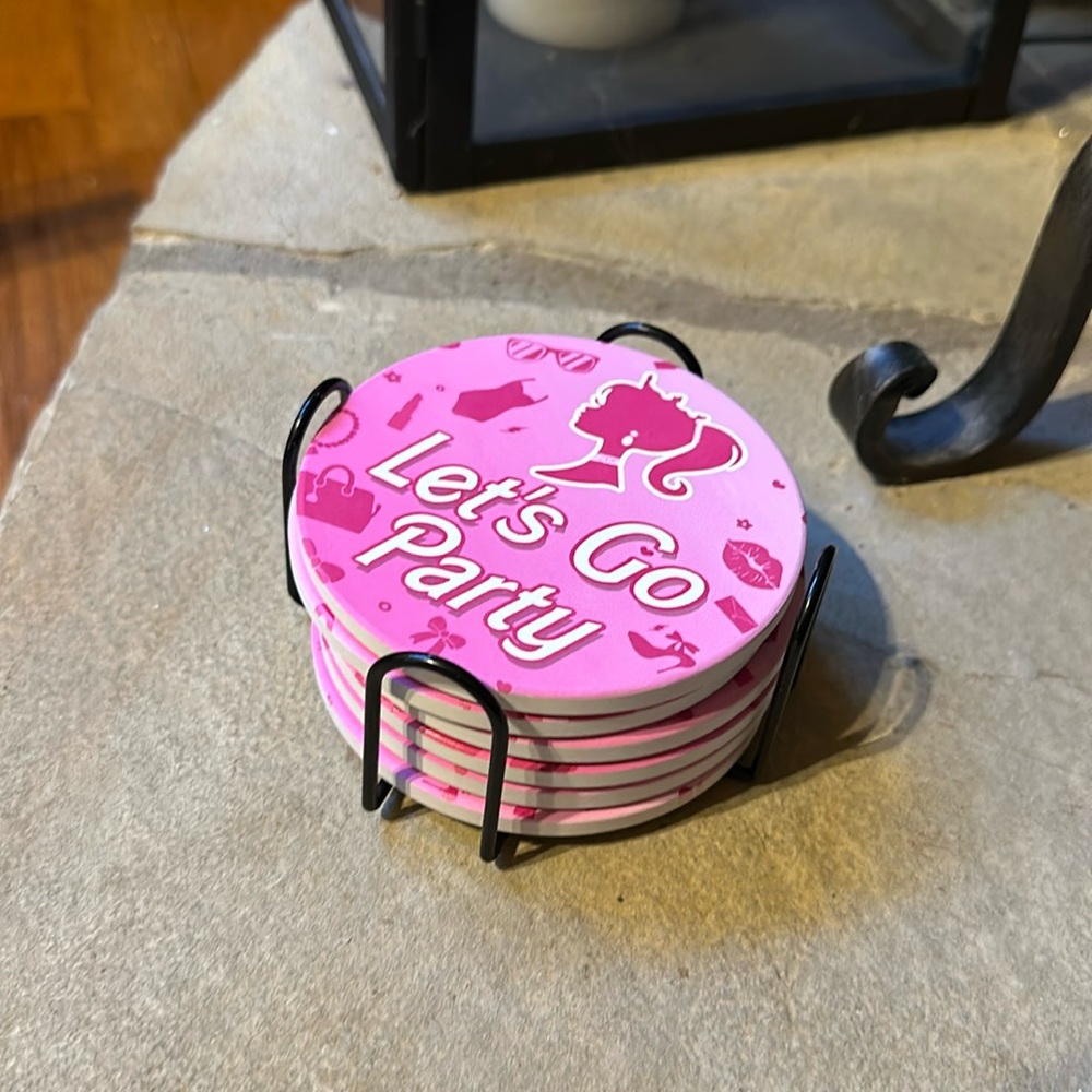 NWT Set of 6 Barbie Themed Pink Ceramic Coasters Set